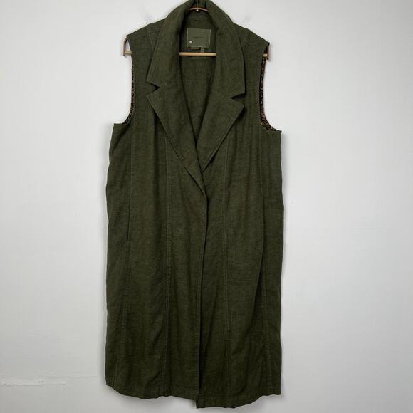 Anthropologie By Anthropologie Long-Line Vest Size Large Petite Moss Green Linen - Picture 2 of 11